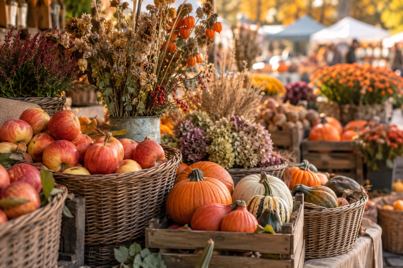KI-generiertes Stimmungsbild eines Herbstmarktstandes mit Äpfeln, Kürbissen und Blumen