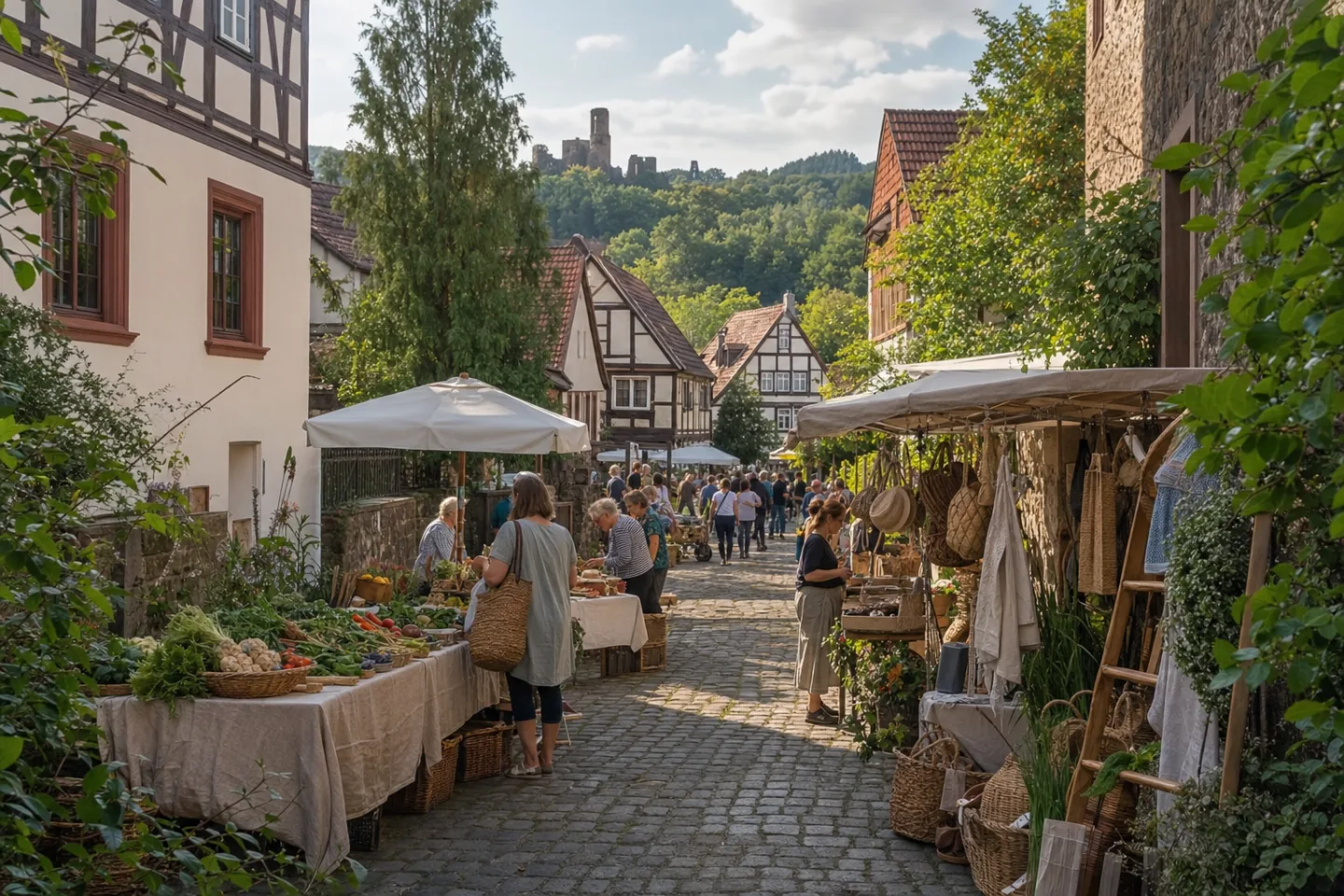 Stimmungsbild eines nachhaltigen Regionalmarkts in einer Odenwälder Altstadtgasse