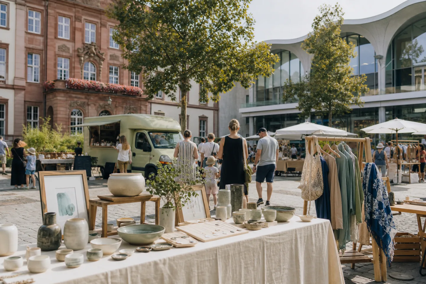 Stimmungsbild eines urbanen Designmarkts mit Keramik, Textilien und Kunsthandwerk